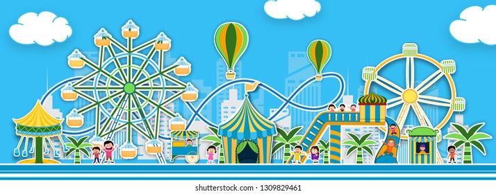Sticker style theme park view with illustration of carousels, roller coaster and hot air balloons for Fun Fair Carnival concept.