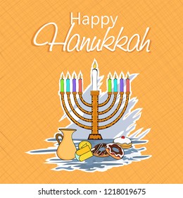 Sticker Style traditional menorah with festival food elements on orange background can be used as greeting card design.