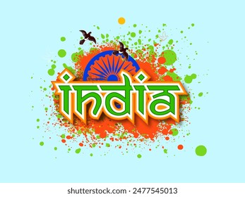 Sticker Style Tricolor India Text with Ashoka Wheel, Flying Doves on Abstract Background for Happy independence Day Concept.