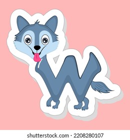 Sticker Style W Alphabet Cartoon Animal Wolf On Pink Background.