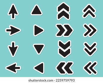 Sticker style white edged arrow icon set.
Arrows without bars or double arrows.
