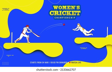 Sticker Style Women's Cricket Championship Text With Battle Player, Fielder Or Bowler In Action Pose On Yellow And Blue Background.