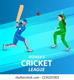 Sticker Style Women's Cricket Championship Font With Female Bowler And Batter Players In Playing Pose On Blue Halftone Effect Background.