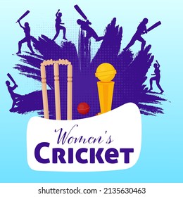 Sticker Style Women's Cricket Championship Font mit gewinnerem Trophäe Cup, Silhouette-Spieler und Violett Brush-Effekt auf blauem Hintergrund.