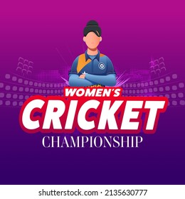 Sticker Style Women's Cricket Championship Font With India Female Cricketer Player On Pink And Purple Halftone Background.