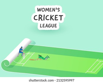 Sticker Style Women's Cricket League Text With Run Out Female Batter Player And Wicket Keeper Hit Ball To Stumps On Scroll Paper Playground.