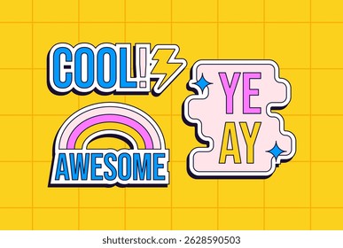 Sticker style words COOL!, AWESOME under a rainbow, and YEAY on a bright yellow grid background cartoon vector hand drawn illustration for pop art, teen designs, or fun social graphics