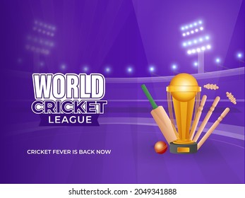 Sticker Style World Cricket League Text With Golden Trophy Cup, Equipment On Purple Stadium Background.
