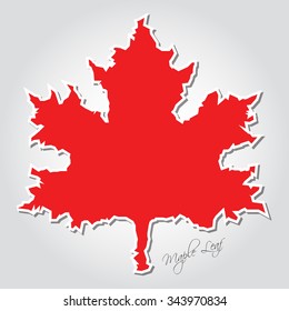 sticker - stylized red maple leaf with irregular white contour, shadow and text