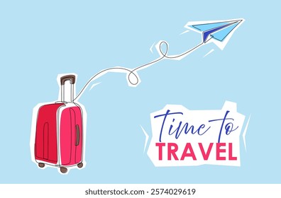 Sticker of suitcase, paper plan and lettering in linear art style. Continuous one line drawing. Single line drawing of red case, luggage bag, paper plane. Banner with stickers. Editable stroke vector