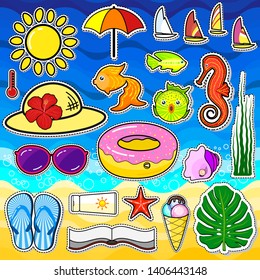 El verano pegajoso в cada conjunto para el afiche de diseño de concepto. Señales de vacaciones tropicales aisladas. Iconos de tarjetas de viaje de negocios. Gráfica abstracta de línea plana, ilustración vectorial. Símbolo, logotipo, diseño web.