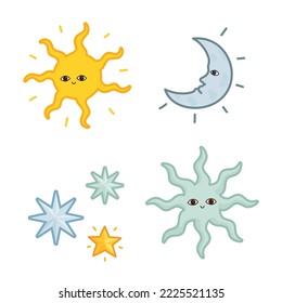 sticker sun moon and stars in tarot style kawaii doodle flat cartoon vector illustration