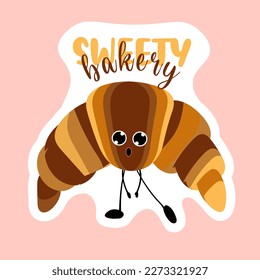 Sticker sweet pastries. homemade croissant. Bakery logo. Bakery and confectionery vector illustration.Croissant cartoon character