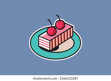 sticker Sweet, simple and minimalist cherry cake vector icon cartoon illustration on a plate, perfect for social media, blogs or food related projects. Sweet cake with perfect cherries and cream.