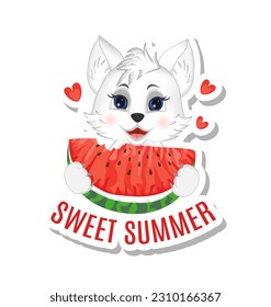 Sticker Sweet Summer. Greeting postcard. Little cute  white cat is eating a slice of waterlemon. Vector illustration isolated on white background.