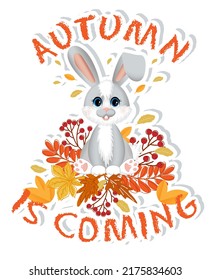 Aufkleber mit Symbol für das Jahr 2023. Das süße kleine Kaninchen (Hasen) sitzt mit Herbstblättern.