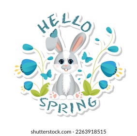  Sticker with symbol of the 2023 year. Cute little rabbit (hare) sitting in flower. Colorful design for social media communication, networking, website badges, greeting cards.