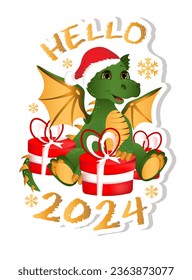 Sticker with symbol of the 2024 year. Cute little green dragon. Colorful design for social media communication, networking, website badges, greeting cards.