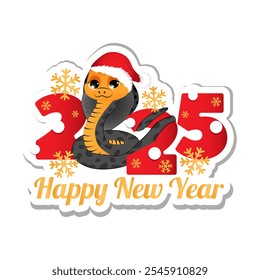 Sticker with symbol of the 2025 year. Cute snake on white background. Design for print, social media communication.