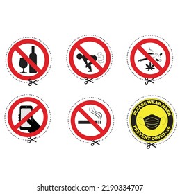 Símbolo pegatina icono vector con tijeras línea de corte eps 10
