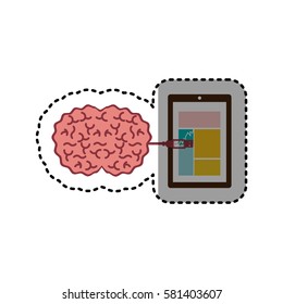 sticker tablet and usb connected to brain vector illustration