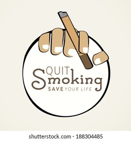 Sticker, tag or label design with cigarette in human hands and text Quit Smoking save your life. 