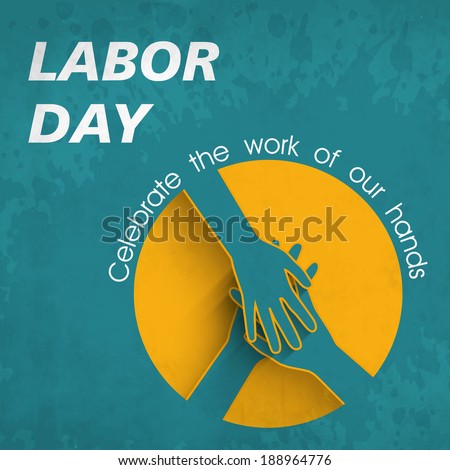 Sticker, tag or label design with illustration of human hands joining on grungy blue background.