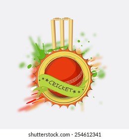Sticker, tag or label design with red ball and wicket stumps for Cricket.
