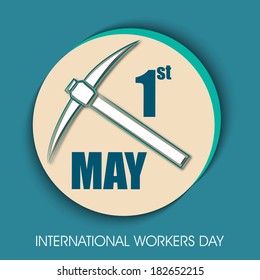 Sticker, tag or label design with tools for Labours Day on green background. 