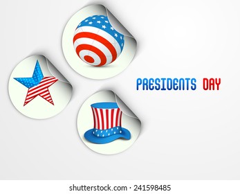 Sticker, tag or label with globe, star and hat in United State of American flag color for Presidents Day celebration.