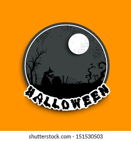 Sticker, tag or label for Happy Halloween party in moonlight night background. 
