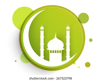 Sticker, tag or label with islamic mosque on moon for holy month of muslim community, Ramadan Kareem celebration.