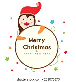 Aufkleber, Anhänger oder Etikett mit Pinguin in Santa Cap für fröhliche Weihnachten und glückliche Neujahrsfeiern.