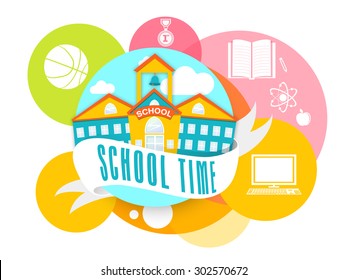 Sticker, tag or label with school building, elements and School Time ribbon on white background.