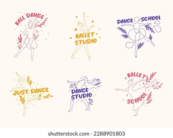 Sticker tag set for ballet studio identity. Label design collection with line woman character dancing, vector illustration. Dance studio advertising with hand drawn plant elements