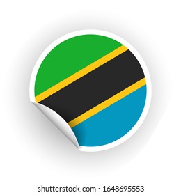 Sticker of Tanzania flag with peel off corner isolated on white background. Paper banner or circle curl label sticker with flip edge. Vector color post note for advertising design