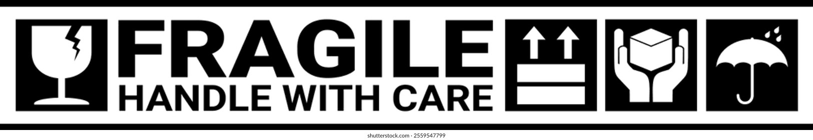 sticker tape fragile handle with care, black and white warning label, fragile label with broken glass symbol, vector asset. keep dry and avoid liquid sign