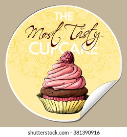 Sticker with tasty cupcake (sketch style). Vector illustration.