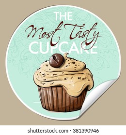 Sticker with tasty cupcake (sketch style). Vector illustration.