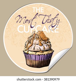 Sticker with tasty cupcake (sketch style). Vector illustration.
