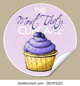 Sticker with tasty cupcake (sketch style). Vector illustration.