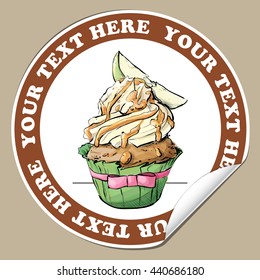 Sticker with tasty cupcake (sketch style). Vector illustration.