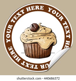 Sticker with tasty cupcake (sketch style). Vector illustration.