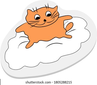 Sticker of tattoo in modern style redhead cat on a cloud. Hand drawing vector illustration. 