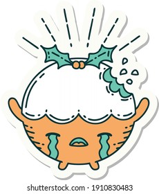 sticker of a tattoo style christmas pudding character crying