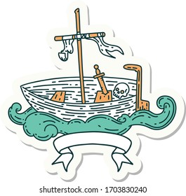 sticker of a tattoo style empty boat with skull