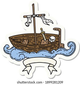 sticker of a tattoo style empty boat with skull