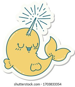 sticker of a tattoo style happy narwhal