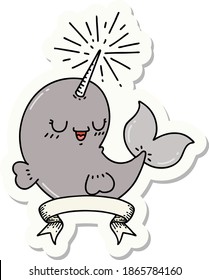sticker of a tattoo style happy narwhal