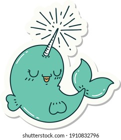 sticker of a tattoo style happy narwhal